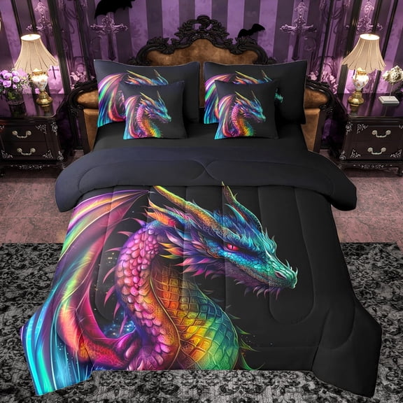 Manfei Watercolor Cartoon Dragon 7-Piece Twin Bedding Sets,Western Fantasy Animal Bedding Comforter Set,Colorful Ombre Sheet Sets For Kids,Microfiber Bedroom Decor Reversible