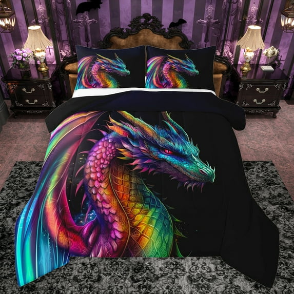 Manfei Watercolor Cartoon Dragon Bedding Comforter Set,Western Fantasy Animal Twin Comforter Sets,Colorful Ombre Bedding Set For Kids,Microfiber Bedroom Decor Reversible,2pcs