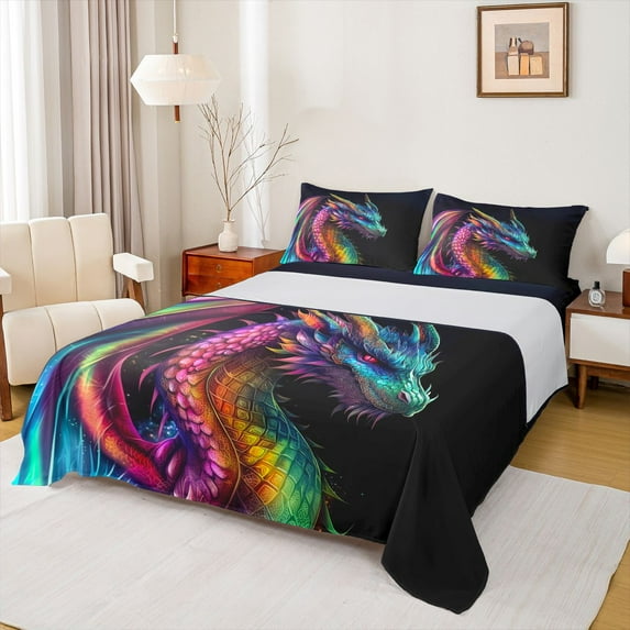 Manfei Watercolor Cartoon Dragon Full Size Sheets,Western Fantasy Animal Bed Sheets,Colorful Ombre Sheet Sets For Kids,Microfiber Bedroom Decor,4-Piece