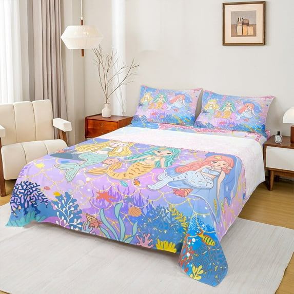 Manfei Watercolor Cartoon Mermaid Sheet Set Full,Ocean Coral Starfish Bedding Sets Full Size,Magic Sealife Animal Full Sheet Sets For Girls,Super Cozy Bedroom Decoration,4-Piece