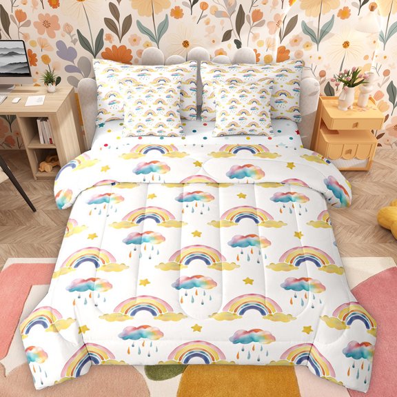Manfei Watercolor Cartoon Rainbow 7-Piece Bedding Comforter Set,Ink Painting Clouds King Bedding Sets,Blue Beige Orange Bed Sheets For Girls,Breathable Home Decor Reversible