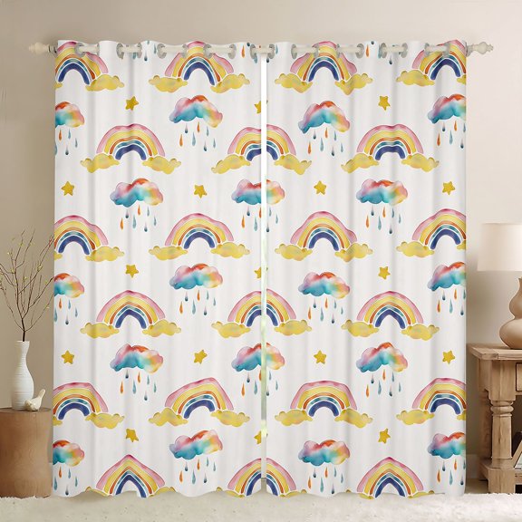 Manfei Watercolor Cartoon Rainbow Blackout Curtains Set of 2 (52x84 Each),Ink Painting Clouds Window Curtains,Blue Beige Orange Curtains and Drapes For Girls,Breathable Home Decor