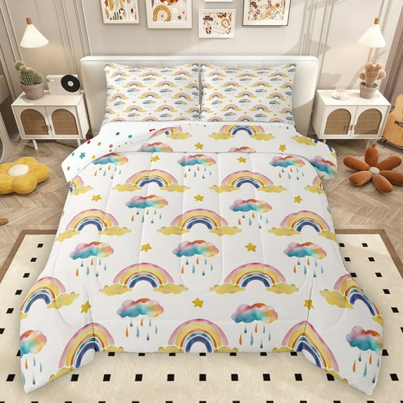 Manfei Watercolor Cartoon Rainbow Full Size Comforter Sets,Ink Painting Clouds Bedding Comforter Set,Blue Beige Orange Bedding Sets For Girls,Breathable Home Decor Reversible,3 Pieces