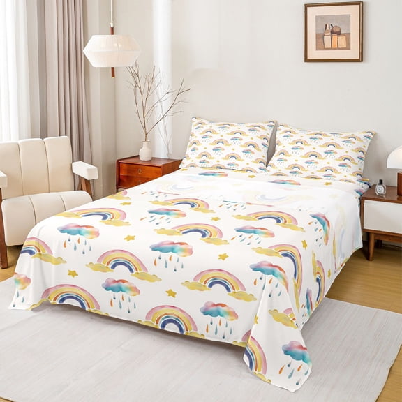 Manfei Watercolor Cartoon Rainbow Twin Sheet Sets,Ink Painting Clouds Twin Fitted Sheet,Blue Beige Orange Flat Sheet For Girls,Breathable Home Decor,3-Piece