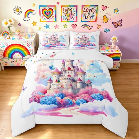 Manfei Watercolor Castle Full Size Comforter Sets, Dreamy Princess Bedding Comforter Set, White Pink, Polkadot Reversible, 3 Pieces, 1 Comforter and 2 Pillowcases