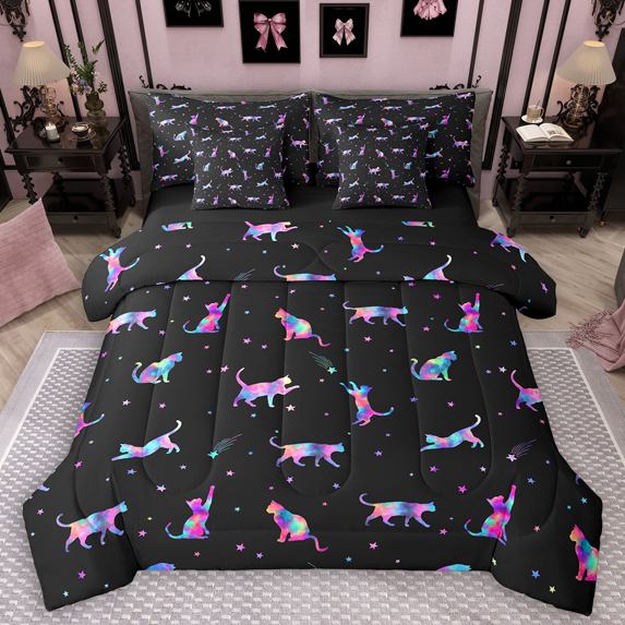 Manfei Watercolor Cat Bedding Comforter Set 7 Pieces for Kids, Tie Dye Kitten Queen Bedding Sets, Colorful Stars Queen Sheet Sets, Microfiber Bedroom Decor