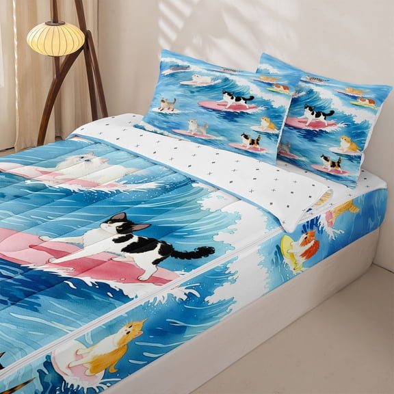 Manfei Watercolor Cat Surfing Zipper Twin Comforter Sets with Fitted Sheet and 2 Pillowcases for Kids Boys and Girls, Animal Print Zipper Bedding Set, Reversible, 4-Piece