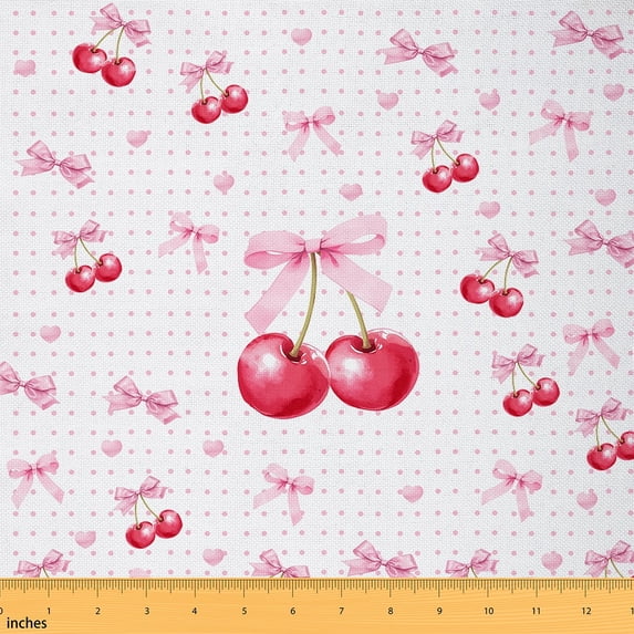 Manfei Watercolor Cherry Sewing & Crafting Fabric (1 Yard), Pink Bow Bowknot Home Decor Fabric by the Yard, Cute Heart Polka Dots DIY Fabric