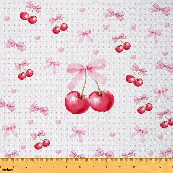 Manfei Watercolor Cherry Sewing & Crafting Fabric (3 Yards), Pink Bow Bowknot Home Decor Fabric by the Yard, Cute Heart Polka Dots DIY Fabric