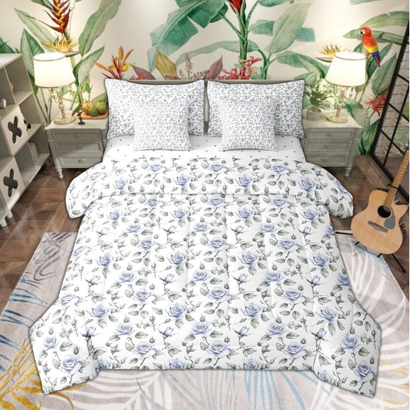Manfei Watercolor Chic Flower Bedding Comforter Set 7-Piece, Blue Blossoms Floral King Bedding Sets, Spring Garden Theme Bed Sheets, Lightweight Bedroom Decor