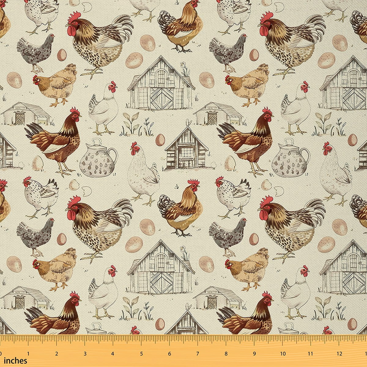Manfei Watercolor Chicken Fabric by the Yard (5 Yards), Farmhouse Farm ...