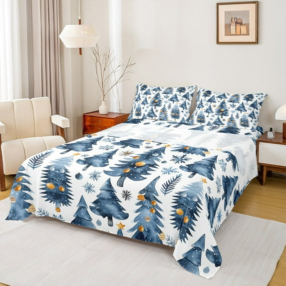 Manfei Watercolor Christmas Tree Bed Sheets 4 Pieces, Happy Xmas King Sheets, New Year Theme Sheet Set, Ultra Soft Home Decor