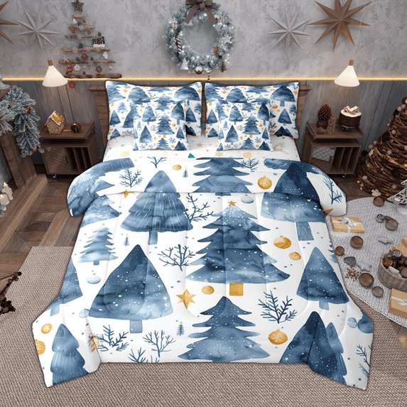 Manfei Watercolor Christmas Tree Bedding Comforter Set 7 Pieces, Happy Xmas King Bedding Sets, New Year Theme Bed Sheets, Super Cozy Room Decor