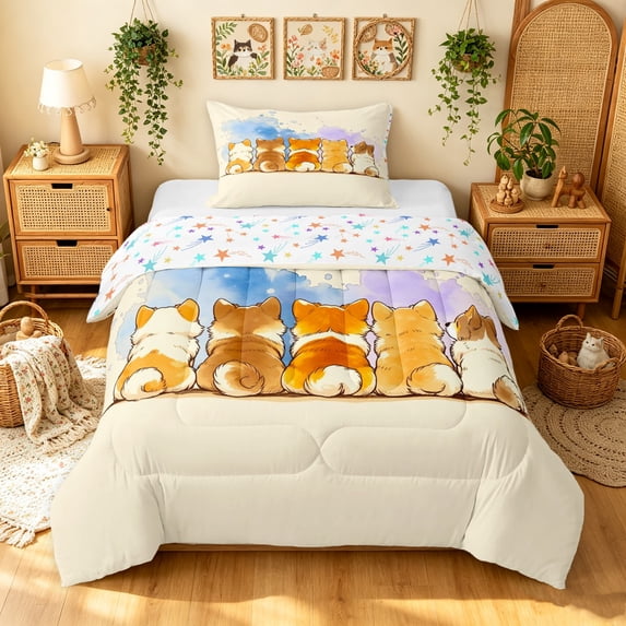 Manfei Watercolor Corgi Twin Comforter Sets, Splash Ink Bedding Set, Cream Orange, Stars Reversible, 2-Piece, 1 Comforter and 1 Pillowcase