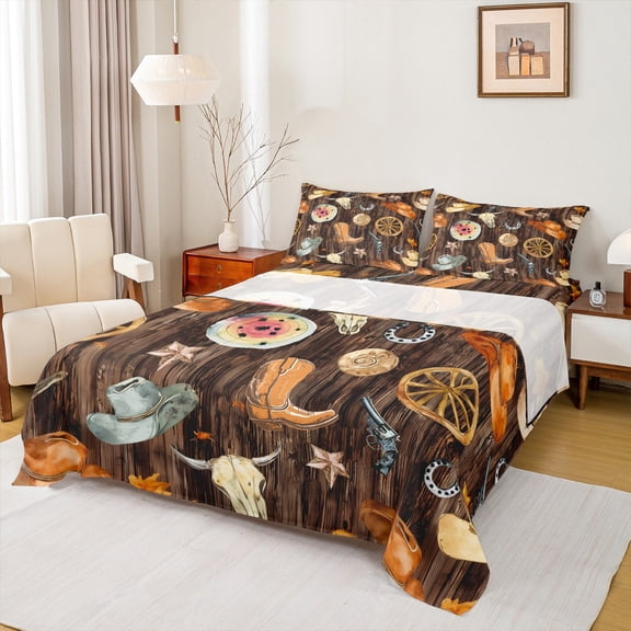 Manfei Watercolor Cowboy Set Twin Sheet Sets 3pcs, Rustic Farmhouse Twin Fitted Sheet, Boots Hat Horseshoes Flat Sheet, Lightweight Room Decor