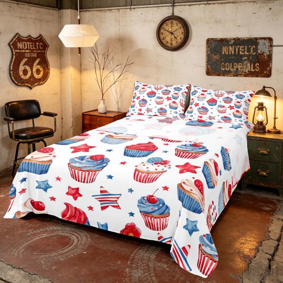 Manfei Watercolor Cupcake Queen Sheets, USA Flag Stars Queen Sheet Sets, Red Blue White, Polka Dots Reversible 4pcs (1 Flat Sheet, 1 Fitted Sheet and 2 Pillowcases)