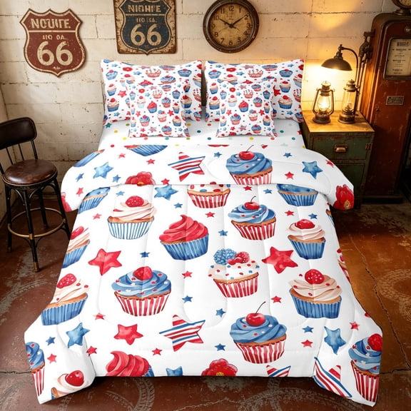 Manfei Watercolor Cupcake Twin Bedding, USA Flag Stars Bedding Comforter Set, Red Blue White, Polka Dots Reversible 7 Pieces