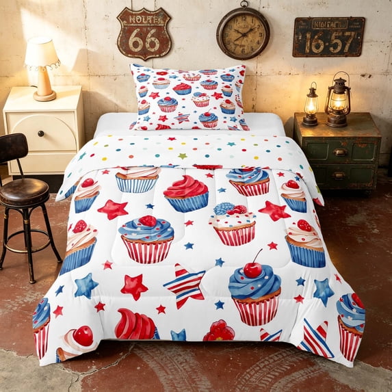 Manfei Watercolor Cupcake Twin Comforter Sets, USA Flag Stars Bedding Set, Red Blue White, Polka Dots Reversible 2 Pieces, 1 Comforter and 1 Pillowcase