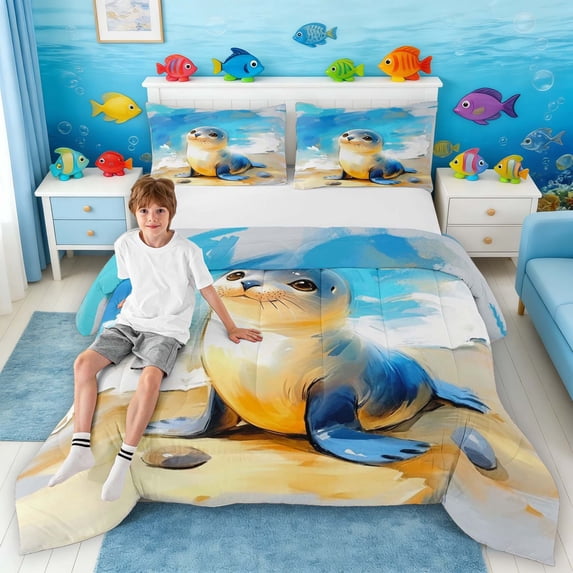 Manfei Watercolor Cute Baby Seal Queen Comforter Set for Kids Boys and Girls, Ocean Animal Print Bedding Comforter Set, Navy Reversible 3-Piece, 1 Comforter and 2 Pillowcases