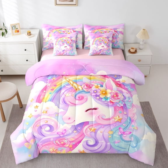 Manfei Watercolor Cute Unicorn 7 Pieces Full Size Bedding Sets,Floral Rainbow Cloud Full Size Bed in a Bag,Pink Purple Multicolor,Pink Reversible