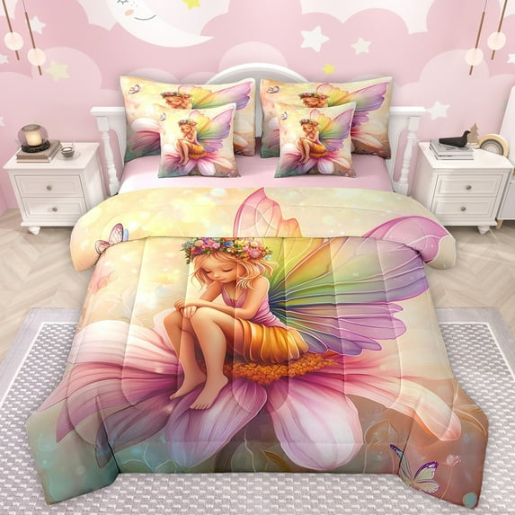 Manfei Watercolor Daisy 7-Piece Twin Bedding Sets,Cartoon 3D Flower Bedding Comforter Set,Cute Elf Princess Sheet Sets For Teens,Microfiber Bedroom Decor Reversible