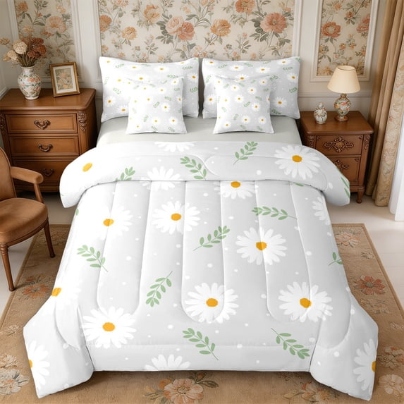 Manfei Watercolor Daisy King Bedding 7pcs,Chic Flowers King Bed in a Bag,Reversible