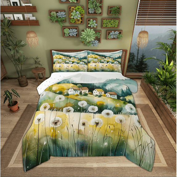 Manfei Watercolor Dandelion Full Size Comforter Sets for Kids, Rustic Farmhouse Cabin Bedding Comforter Set, Countryside Reversible Bedding Sets, Super Cozy Room Decor, 3-Piece