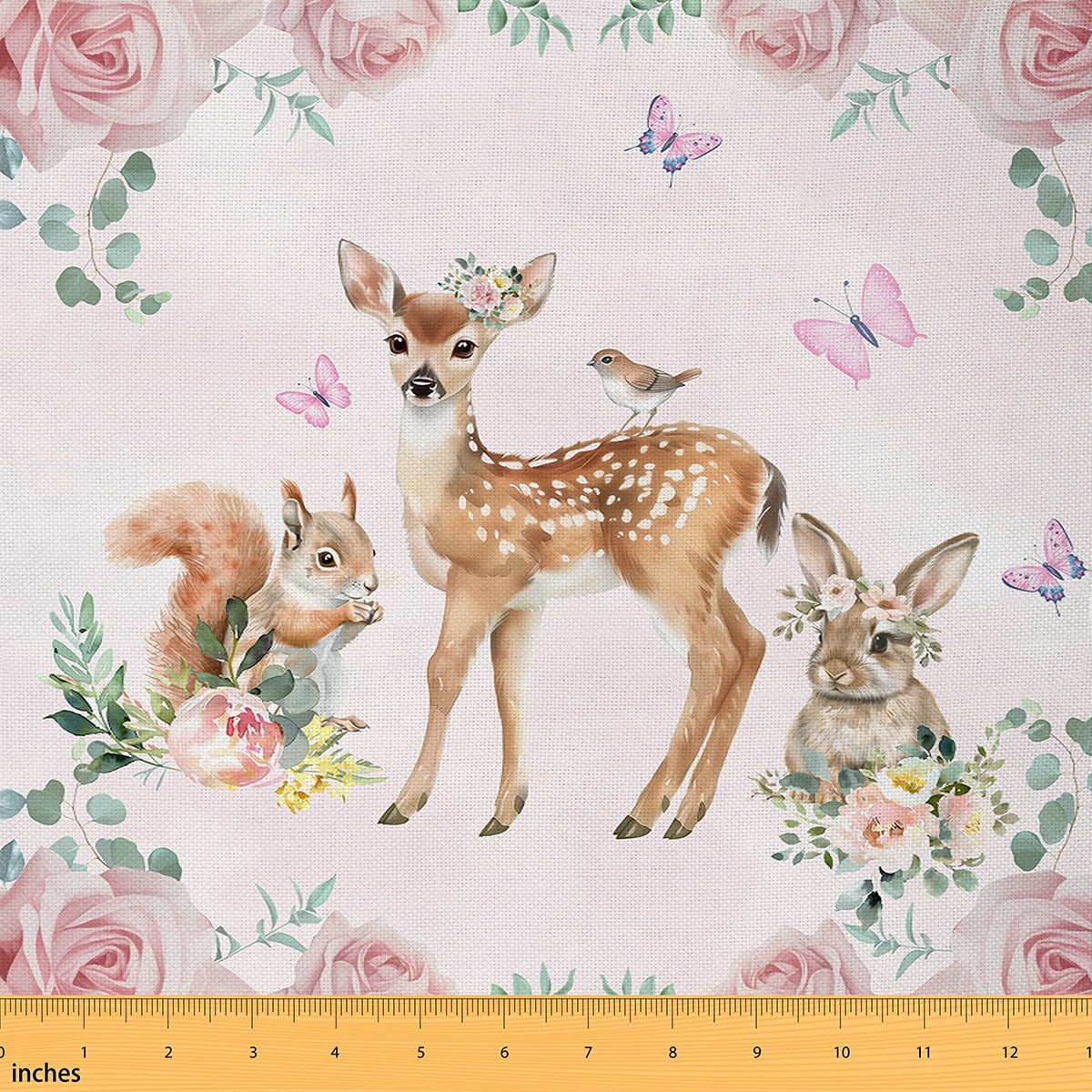Manfei Watercolor Deer Rabbit Squirrel Decorative Fabric by the Yard for Boys Girls, Jungle Wildlife Decorative Fabric by the Yard, Pink Flower Floral Sewing & Crafting Fabric