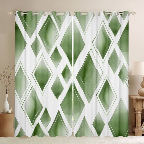 Manfei Watercolor Diamond Geometric Blackout Curtains, Green Metalic Curtains Pack of 2 (42x84 Each), Green White