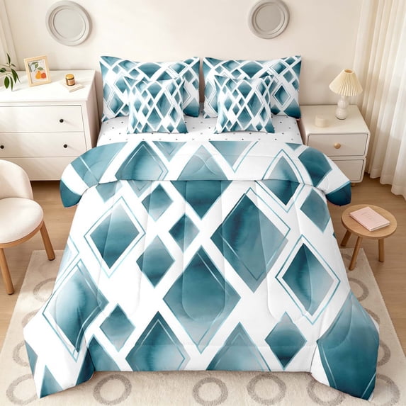 Manfei Watercolor Diamond Geometric King Bedding, Teal Metalic King Bed in a Bag, Teal White, Reversible 7 Pieces