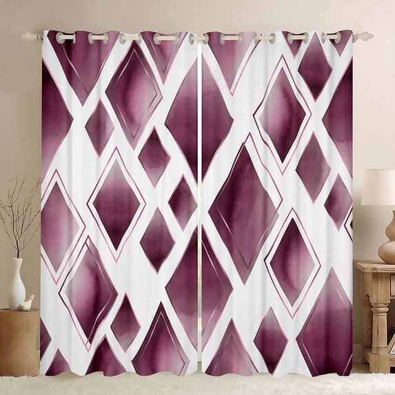 Manfei Watercolor Diamond Geometric Kitchen Curtains, Rose Gold Metalic Black Out Curtains Pack of 2 (42x63 Each), Purple White