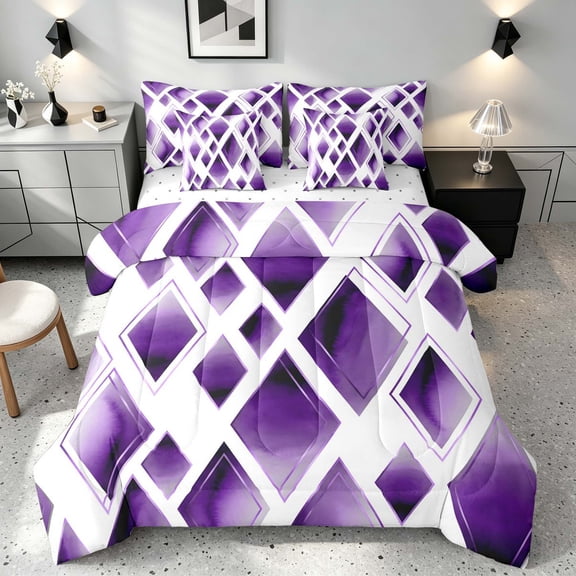 Manfei Watercolor Diamond Geometric Queen Bedding, Purple Metalic Bedding Comforter Set Queen, Purple White, Reversible 7pcs
