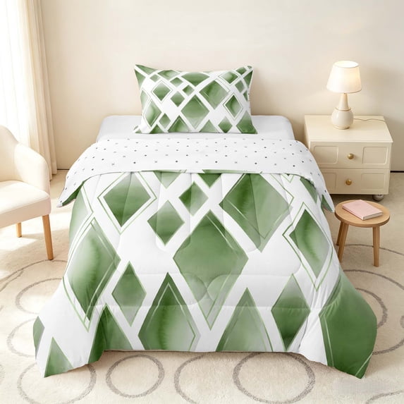 Manfei Watercolor Diamond Geometric Twin Comforter Sets, Green Metalic Bedding Set, Green White, Reversible 2pcs, 1 Comforter and 1 Pillowcase