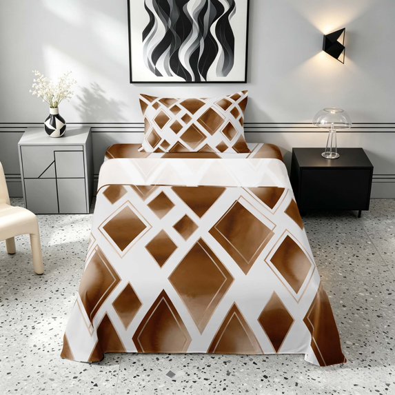 Manfei Watercolor Diamond Geometric Twin Sheets, Gold Metalic Bedding, Brown White, Reversible 3 Pieces1 Flat Sheet + 1 Fitted Sheet + 1 Pillowcase