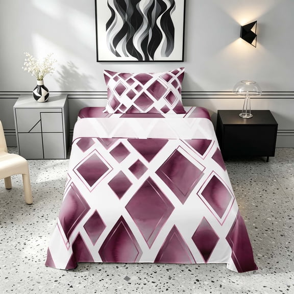Manfei Watercolor Diamond Geometric Twin Sheets, Rose Gold Metalic Bedding, Purple White, Reversible 3-Piece1 Flat Sheet + 1 Fitted Sheet + 1 Pillowcase