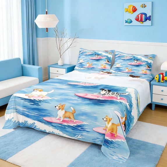 Manfei Watercolor Dog Surfing Queen Sheet Sets for Kids Boys and Girls, Animal Print Bed Set 4-Piece, 1 Flat Sheet, 1 Fitted Sheet and 2 Pillowcases
