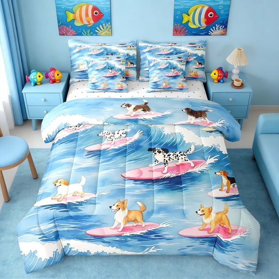 Manfei Watercolor Dog Surfing Twin Bedding Sets for Kids Boys and Girls, Animal Print Bedding Comforter Set, Reversible 7-Piece