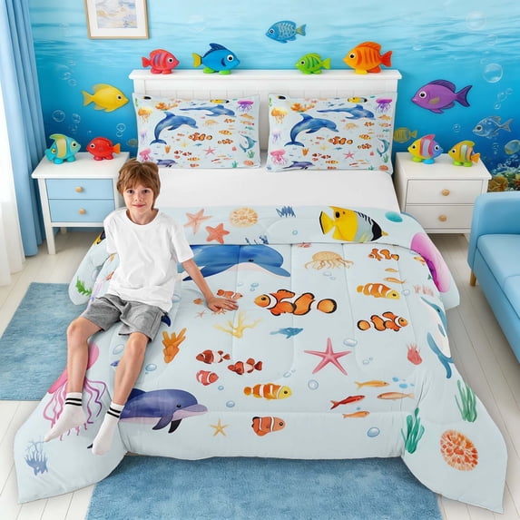 Manfei Watercolor Dolphin Clownfish Jellyfish Full Size Comforter Sets for Kids Boys and Girls, Ocean Marine Life Print Bedding Sets, Polka Dots Reversible 3 Pieces, 1 Comforter and 2 Pillowcases