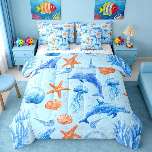 Manfei Watercolor Dolphin Starfish Seashell Coral Bedding Comforter Set for Kids Boys and Girls, Cartoon Fish Queen Bedding Sets, Reversible 7pcs