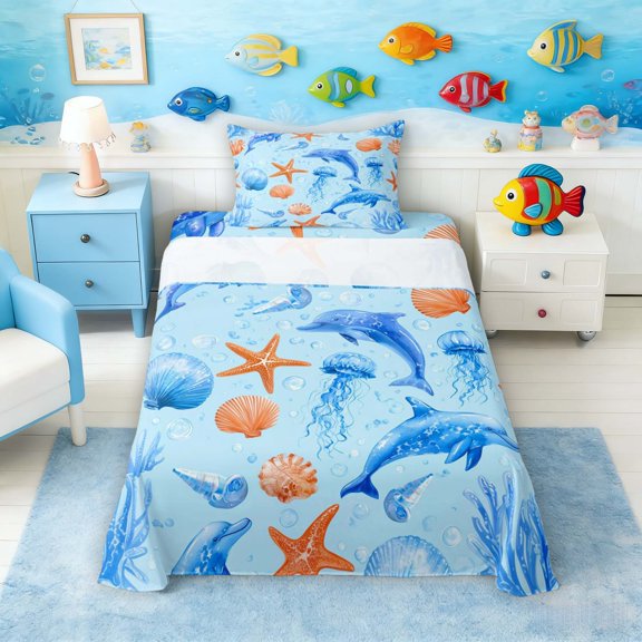 Manfei Watercolor Dolphin Starfish Seashell Coral Twin Sheet Sets for Kids Boys and Girls, Cartoon Fish Bedding 3pcs, 1 Flat Sheet, 1 Fitted Sheet and 1 Pillowcase