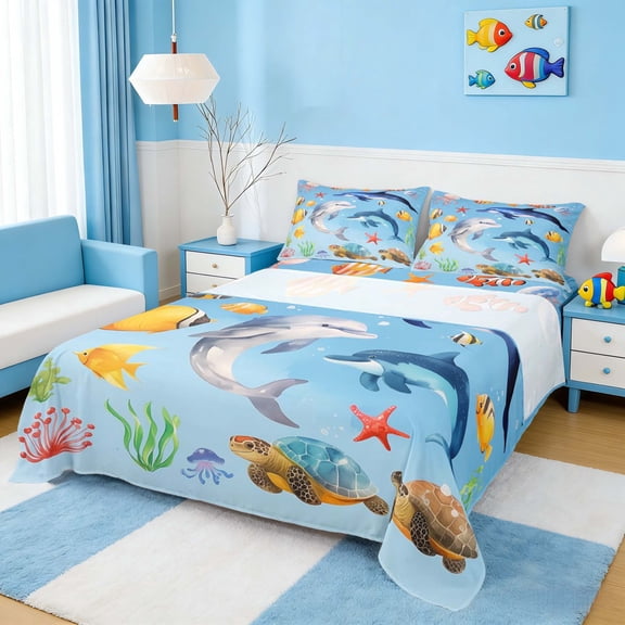 Manfei Watercolor Dolphin Turtle Queen Sheet Sets for Kids Boys and Girls, Ocean Animal Print Bed Set 4-Piece, 1 Flat Sheet, 1 Fitted Sheet and 2 Pillowcases