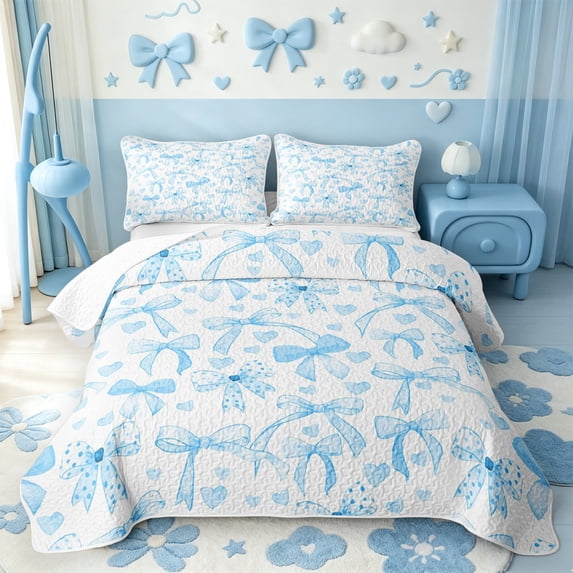 Manfei Watercolor Dot Bow Twin Quilt Set,Cute Heart Pattern Twin Coverlet Set,3pcs,1 Bedspread and 1 Pillowcase