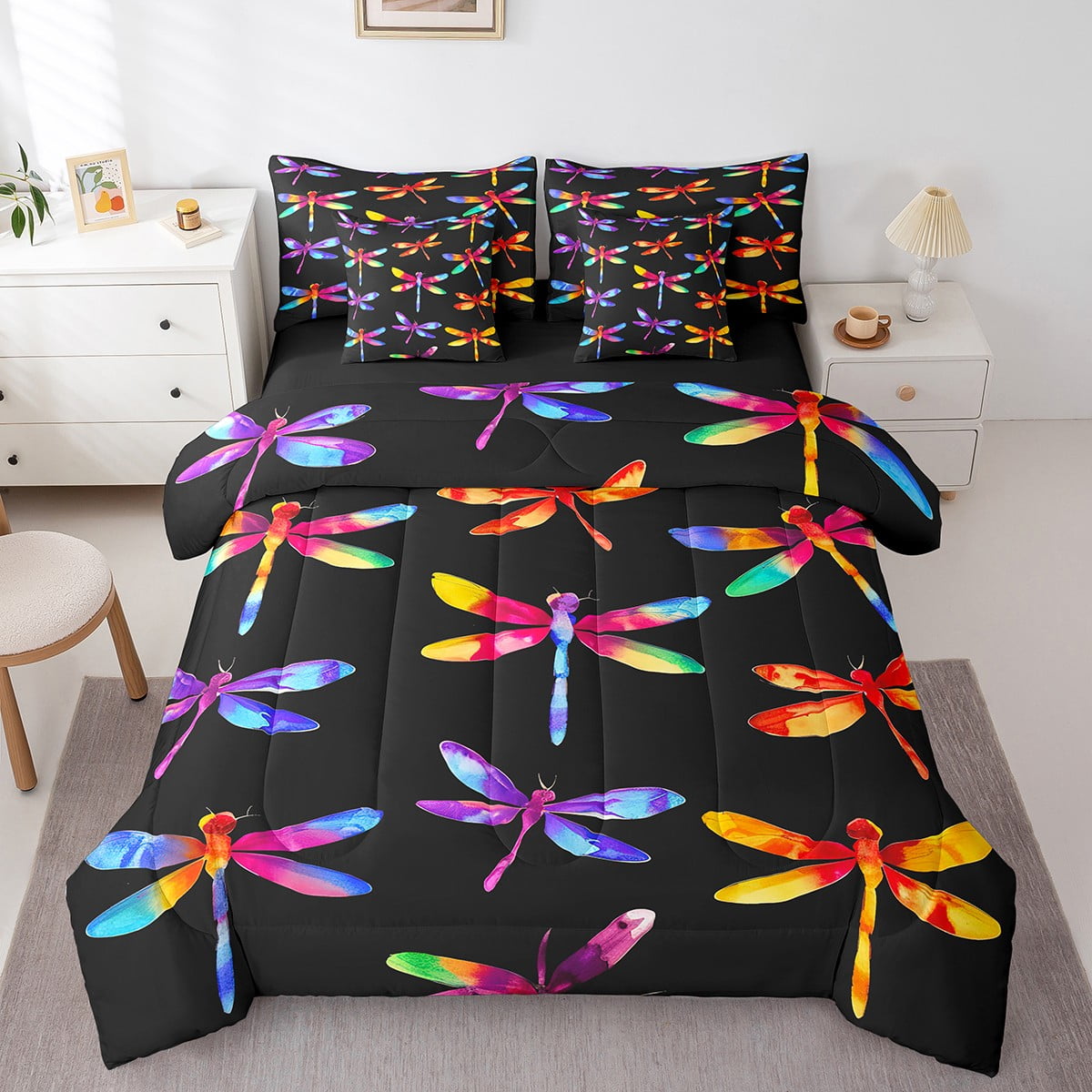 Manfei Watercolor Dragonfly Twin Bedding Sets 7-Piece, Cartoon Insect ...