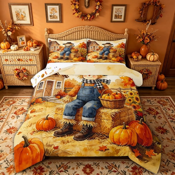 Manfei Watercolor Fall Scarecrow Full Size Comforter Sets for Kids, Orange Autumn Pumpkin Farm Bedding Comforter Set, Halloween Reversible, 3 Pieces, 1 Comforter and 2 Pillowcases