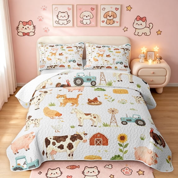 Manfei Watercolor Farm Bed Spread Queen, Rustic Cow Animal Queen Coverlet Set, White, 3 Pieces, 1 Quilt and 2 Pillowcases