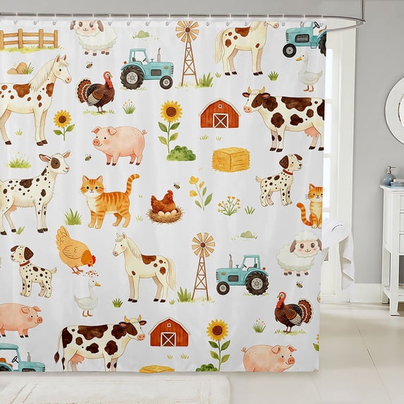 Manfei Watercolor Farm Shower Curtain 72Wx72L, Rustic Cow Animal Bathroom Curtain, White