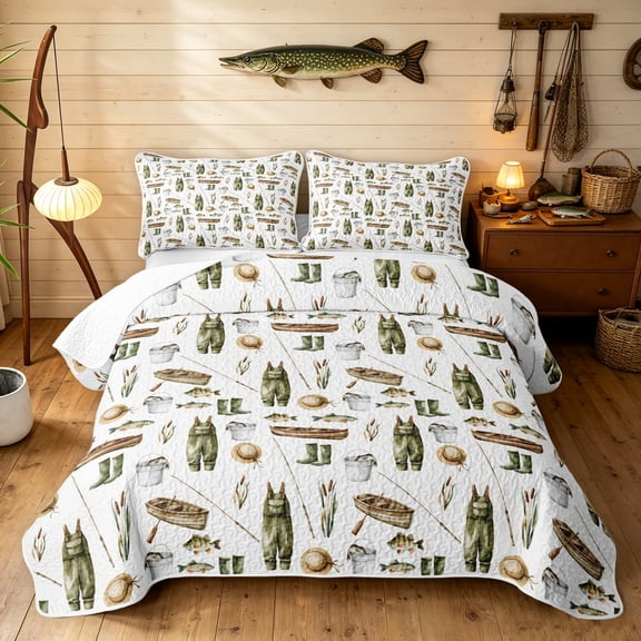 Manfei Watercolor Fishing Twin Quilt Set, Outdoor Adventure Twin Coverlet Set, Cream Khaki, 2pcs, 1 Bedspread and 1 Pillowcase