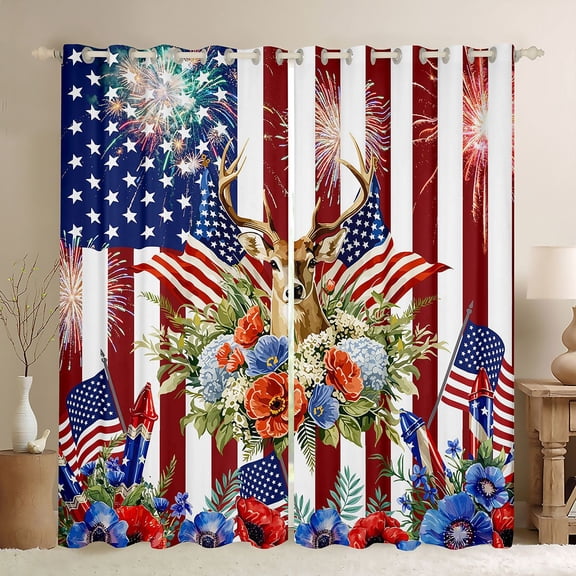 Manfei Watercolor Floral Blackout Curtains,Classic Buck Head Flag Curtains Pack of 2 (42x84 Each),Red Navy