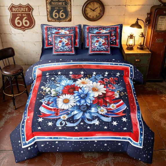 Manfei Watercolor Floral Bouquet Full Size Bedding Sets, Galaxy Stars Full Size Bed in a Bag, Red White Blue, Navy Reversible 7pcs