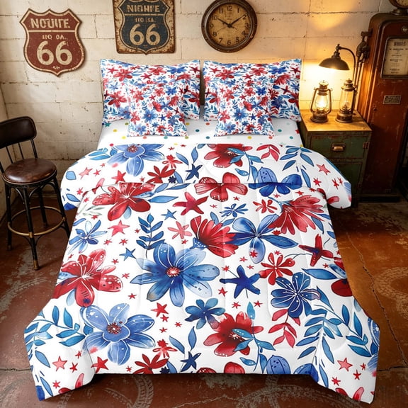 Manfei Watercolor Floral Full Size Bedding Sets, Chic Flower Full Size Bed in a Bag, Red Blue White, Polka Dots Reversible 7 Pieces